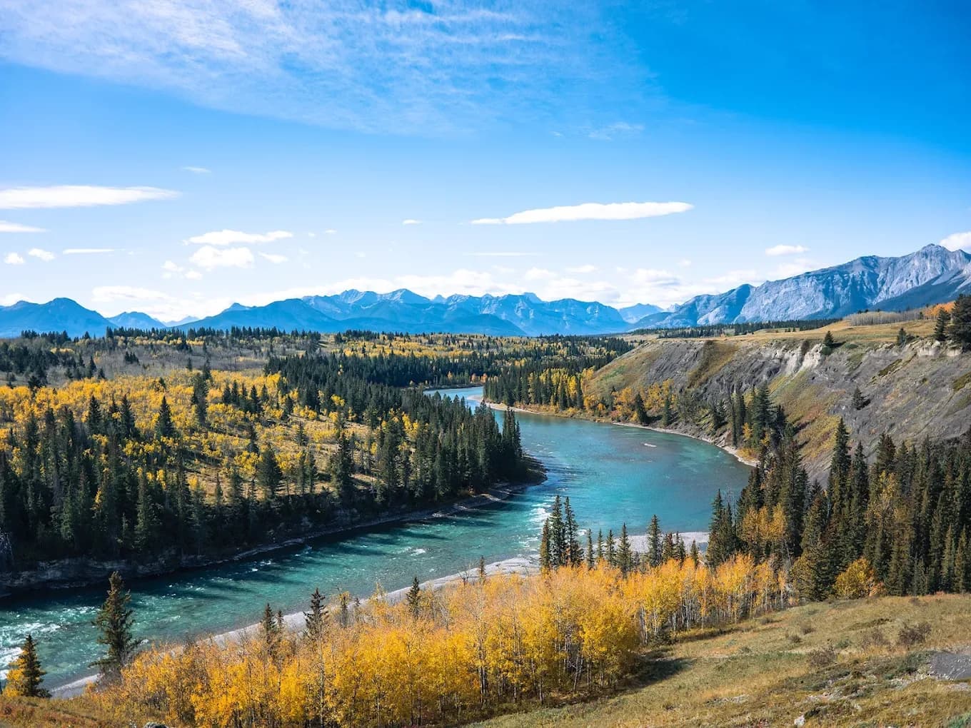 Bow River winding through autumn foothills